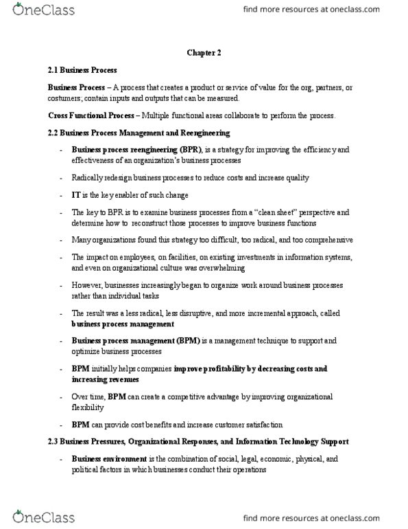 ADMS 2511 Lecture Notes - Lecture 2: Business Process Management, Business Process Reengineering, Business Process thumbnail