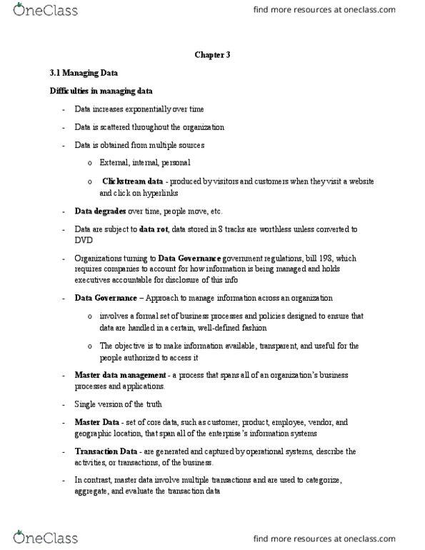 ADMS 2511 Lecture Notes - Lecture 3: Sql, Master Data Management, Online Transaction Processing thumbnail