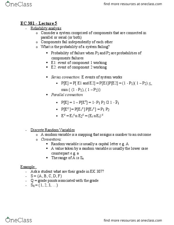 ENG EC 381 Lecture Notes - Lecture 5: Probability Mass Function, Random Variable, Reliability Engineering thumbnail