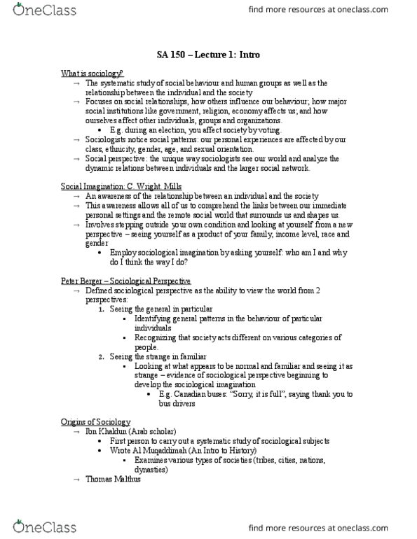 SA 150 Lecture Notes - Lecture 1: Muqaddimah, Thomas Robert Malthus, Structural Functionalism thumbnail