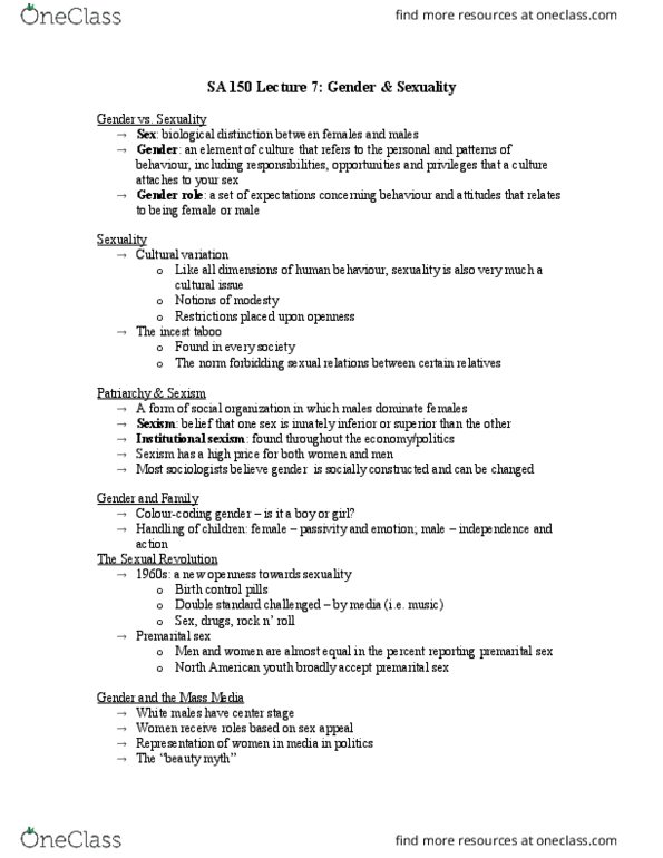 SA 150 Lecture Notes - Lecture 7: Premarital Sex, Marital Rape, Incest Taboo thumbnail