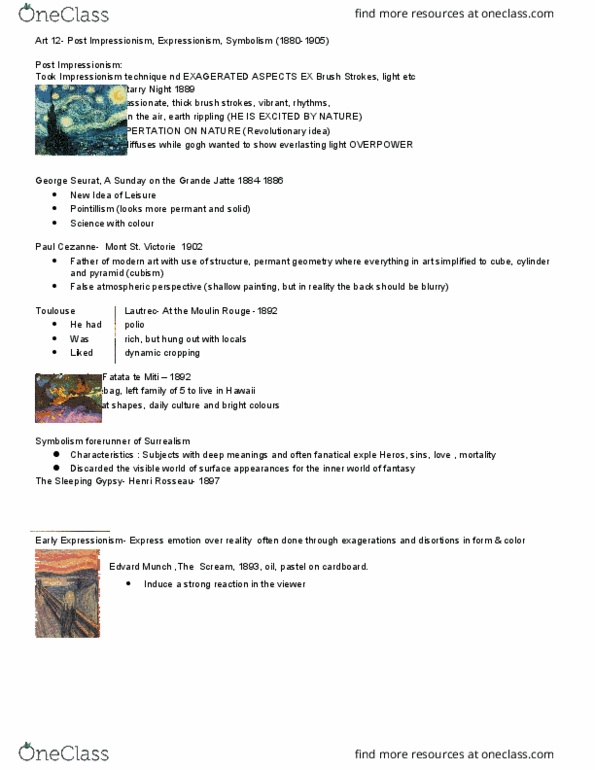 ARTH 120 Lecture Notes - Lecture 4: Vincent Van Gogh, Paul Cézanne, Georges Seurat thumbnail