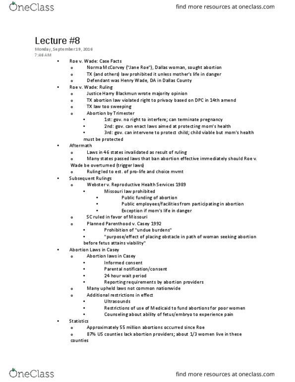 POLS 1336 Lecture Notes - Lecture 8: Harry Blackmun, Planned Parenthood, Informed Consent thumbnail