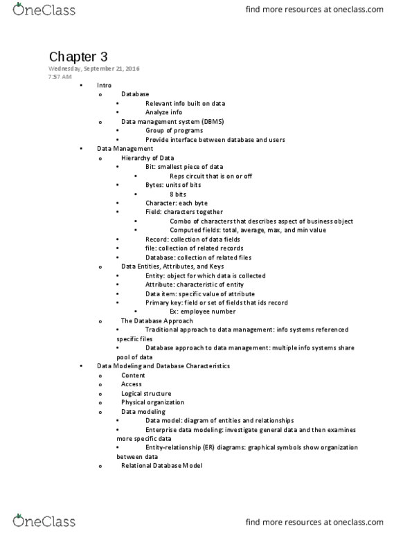 ITEC 1301 Chapter Notes - Chapter 3: Data Hub, Data Model, Data Modeling thumbnail