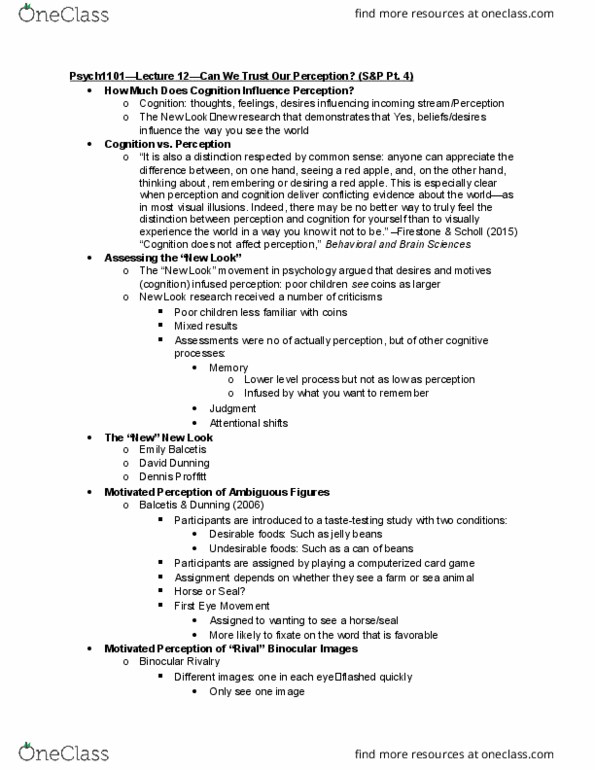 PSYCH 1101 Lecture Notes - Lecture 12: Binocular Rivalry, David Dunning, Visual Perception thumbnail