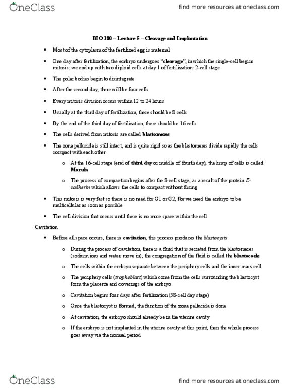 BIO380H5 Lecture Notes - Lecture 5: Zona Pellucida, Cavitation, Blastocyst thumbnail