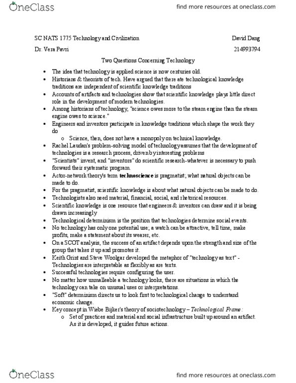 NATS 1775 Chapter Notes - Chapter 1: Technoscience, Steve Woolgar, Technological Determinism thumbnail