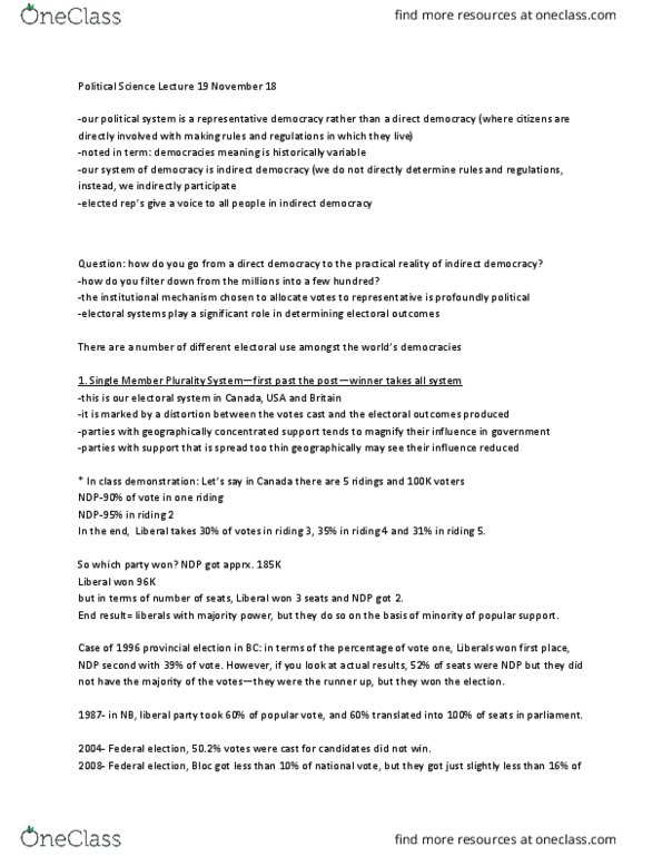 POLSCI 1G06 Lecture Notes - Lecture 19: Plurality Voting System, Direct Democracy, Proportional Representation thumbnail