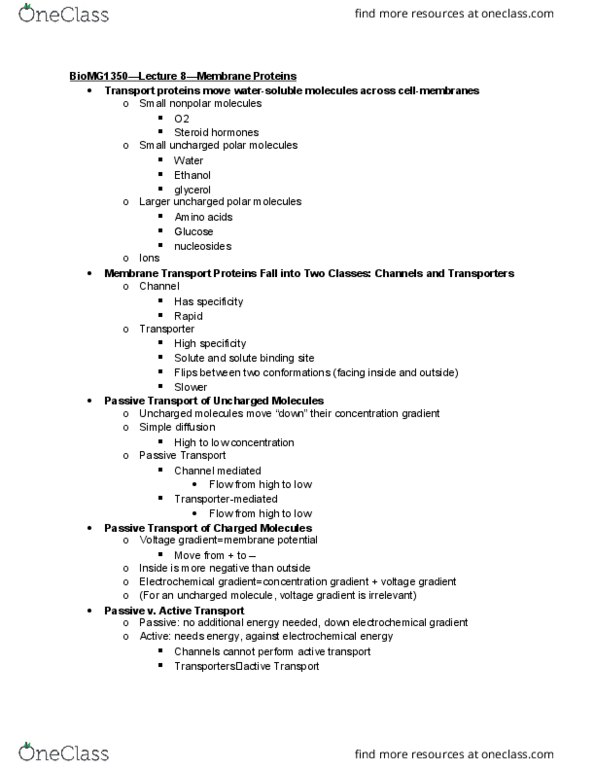 BIOMG 1350 Lecture Notes - Lecture 8: Electrochemical Gradient, Glucose Transporter, Active Transport thumbnail