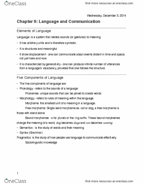 PSYC-223 Chapter Notes - Chapter 9: Bound And Unbound Morphemes, Pragmatics, Linguistic Universal thumbnail