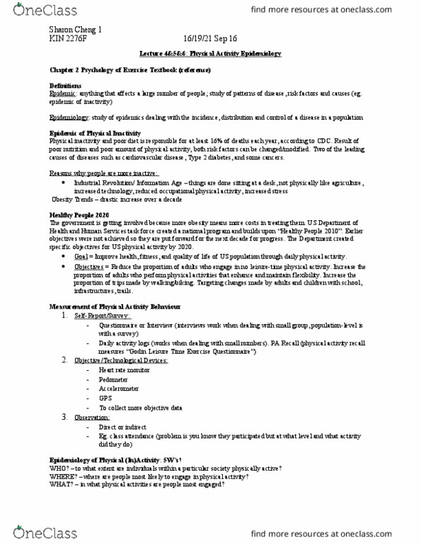 Kinesiology 2276F/G Lecture Notes - Lecture 6: Heart Rate Monitor, Diabetes Mellitus Type 2, Pedometer thumbnail