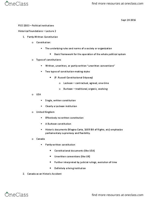 PSCI 2003 Lecture Notes - Lecture 2: Edmund Burke, Thirteen Colonies, Parliamentary Sovereignty thumbnail