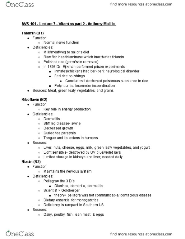 AVS 101 Lecture Notes - Lecture 7: Pantothenic Acid, Peripheral Neuropathy, Thiaminase thumbnail