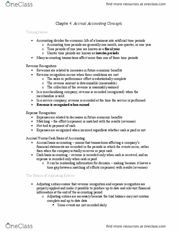 Business Administration 2257 Chapter Notes - Chapter 4: Deferral, Cash Cash, Accrual thumbnail
