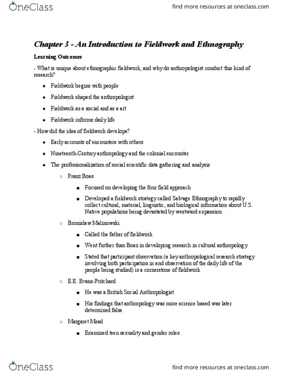 ANTH 101 Lecture Notes - Lecture 4: Bronisław Malinowski, Franz Boas, Ethnography thumbnail