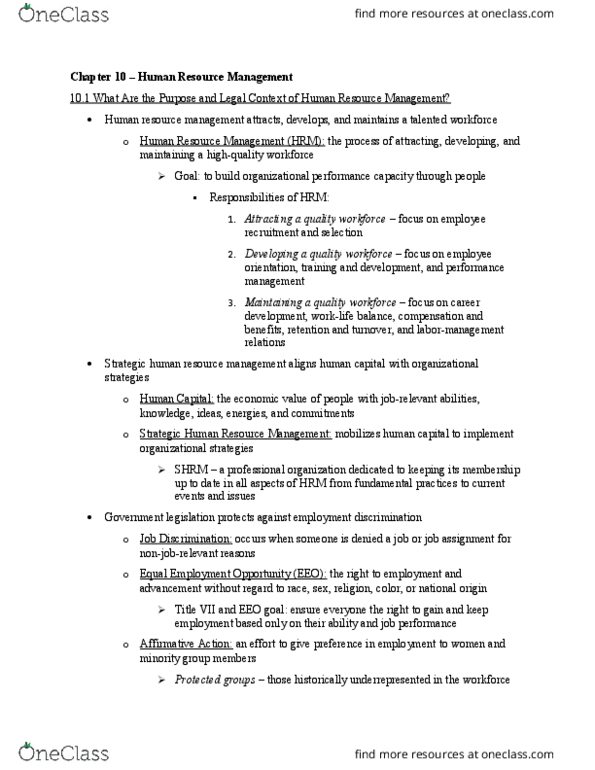 MGMT 301 Chapter Notes - Chapter 10: Human Resource Management, Reverse Discrimination, Job Performance thumbnail
