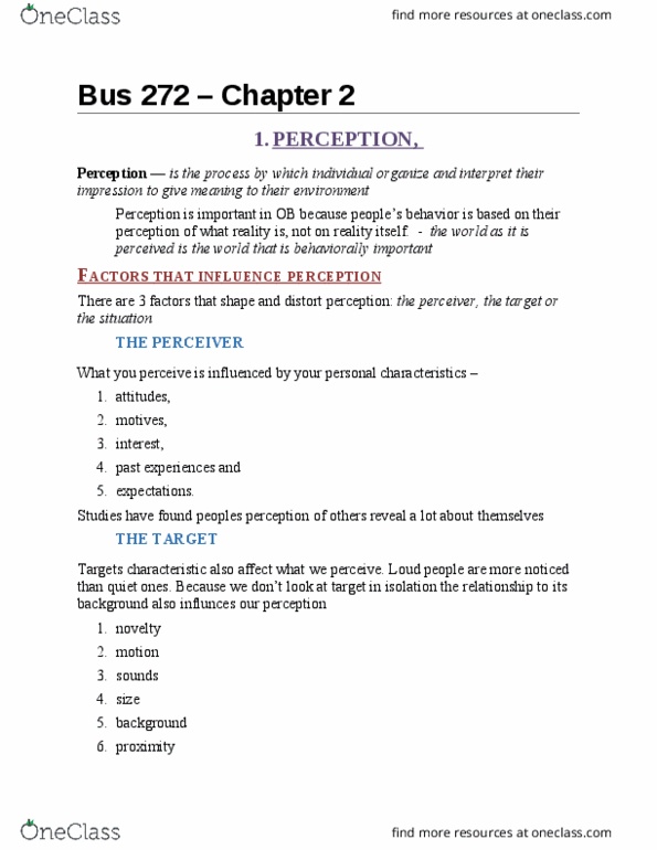 BUS 272 Chapter Notes - Chapter 2: Fundamental Attribution Error, Selective Perception, Job Performance thumbnail