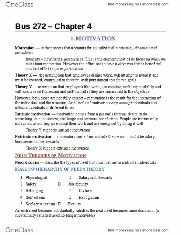 BUS 272 Chapter Notes - Chapter 4: Motivation, Job Satisfaction, M-Theory thumbnail