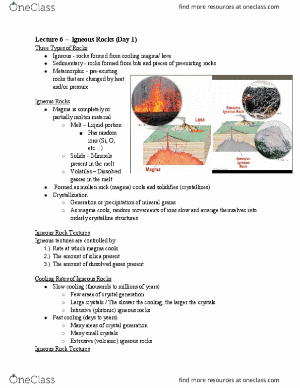 GEOL 1330 Lecture Notes - Lecture 6: Igneous Textures, Crystallization, Volatiles thumbnail