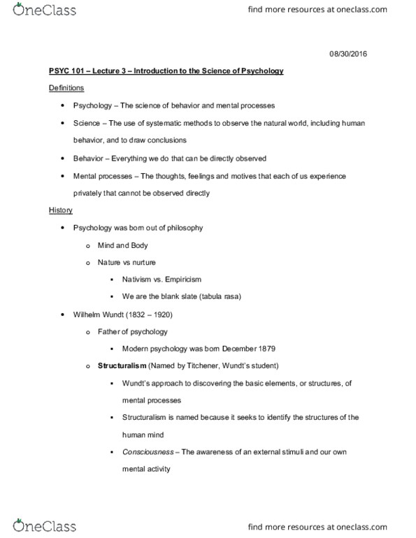 PSYC 101 Lecture Notes - Lecture 3: Psychodynamics, Tabula Rasa, Edward Thorndike thumbnail