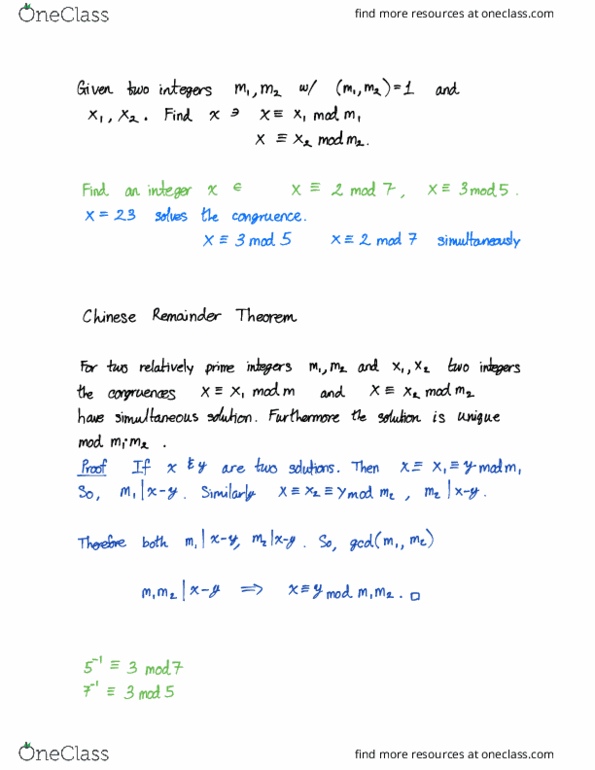 MATH 470 Lecture Notes - Lecture 8: Chinese Remainder Theorem, Prime Number, Joule thumbnail