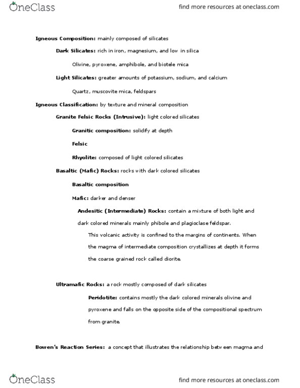 GEL 2 Lecture Notes - Lecture 6: Intermediate Composition, Olivine, Feldspar thumbnail