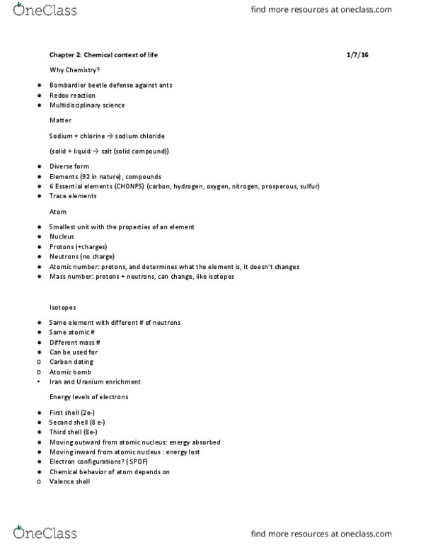 BIOL 240 Lecture Notes - Lecture 2: Bombardier Beetle, Electron Shell, Enriched Uranium thumbnail