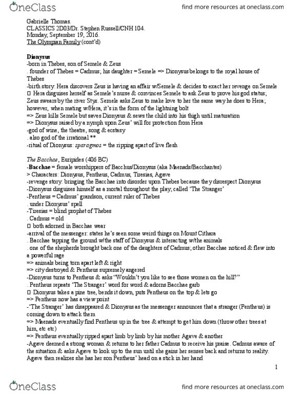 CLASSICS 2D03 Lecture Notes - Lecture 6: Pentheus, Cithara, Sparagmos thumbnail