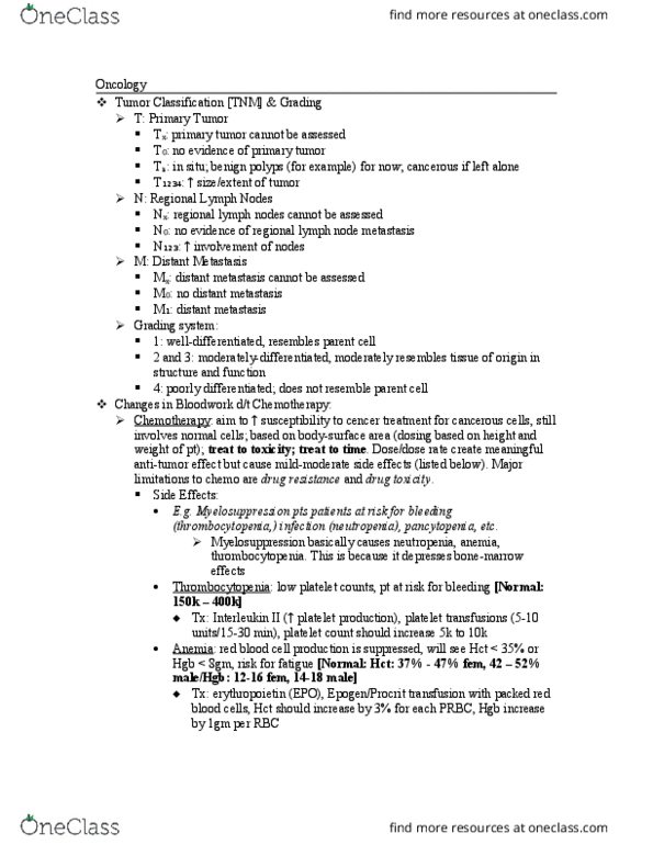 NURS 2230 Lecture Notes - Lecture 3: Metastasis, Pancytopenia, Chemotherapy thumbnail