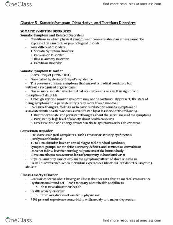 PY 358 Lecture Notes - Lecture 5: Medically Unexplained Physical Symptoms, Factitious Disorder, Somatic Symptom Disorder thumbnail