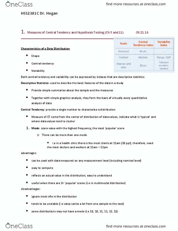 HSS 2381 Lecture Notes - Lecture 3: Central Tendency, Interquartile Range, Multimodal Distribution thumbnail