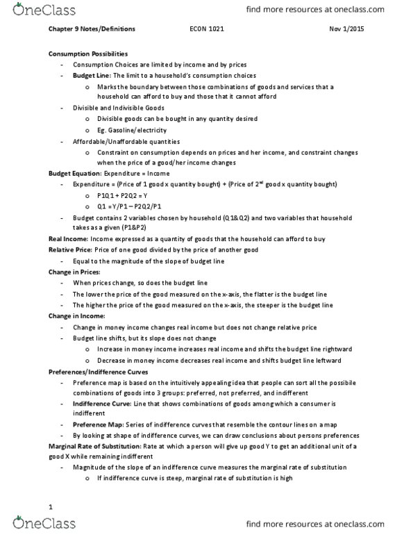 Economics 1021A/B Chapter Notes - Chapter 9: Indifference Curve, Divisor, Substitute Good thumbnail