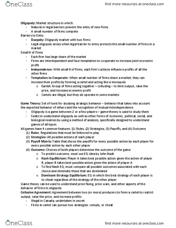 Economics 1021A/B Chapter Notes - Chapter 15: Nash Equilibrium, Normal-Form Game, Oligopoly thumbnail