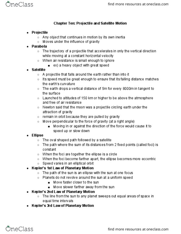 PHYS 1010 Chapter Notes - Chapter 10: Ellipse, Heavy Object, Orbital Period thumbnail