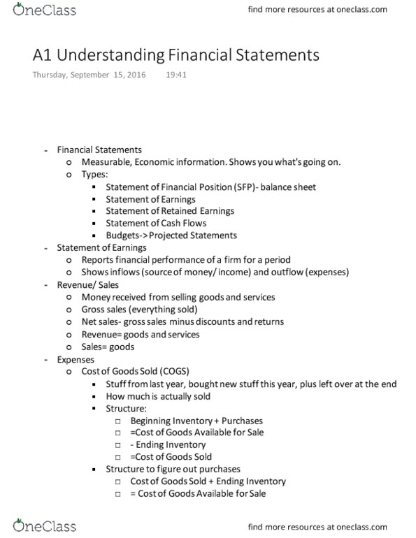 Business Administration 1220E Lecture Notes - Lecture 1: Retained Earnings, Gross Profit, Income Statement thumbnail