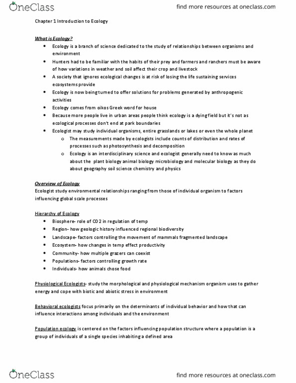 BIOLOGY 2F03 Chapter Notes - Chapter 1: Ecosystem Ecology, Landscape Ecology, Population Ecology thumbnail