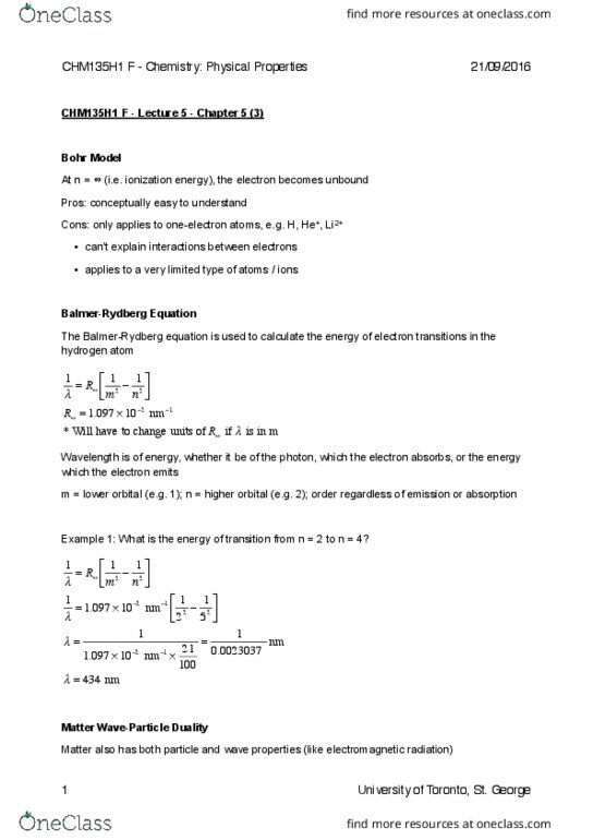 CHM135H1 Lecture Notes - Lecture 5: Ableton, Bohr Model, Kilogram thumbnail