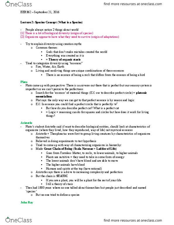 EEB362H1 Lecture Notes - Lecture 2: Coywolf, Carl Linnaeus, Reproductive Isolation thumbnail