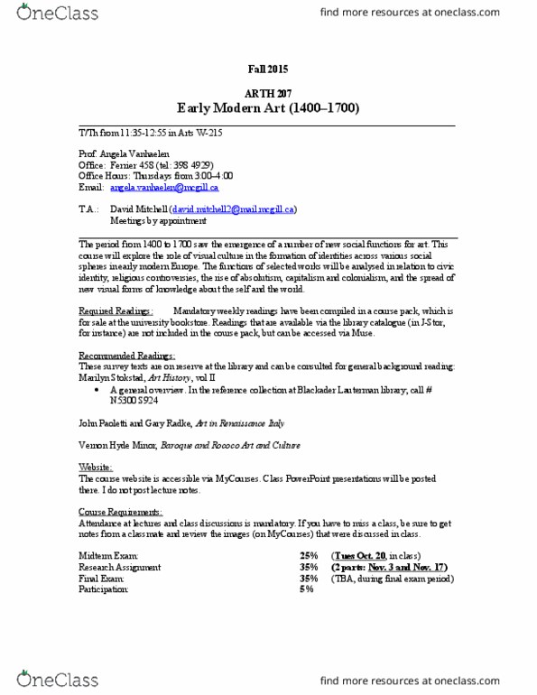 ARTH 207 Lecture Notes - Lecture 1: Marilyn Stokstad, Early Modern Europe, Brad Radke thumbnail
