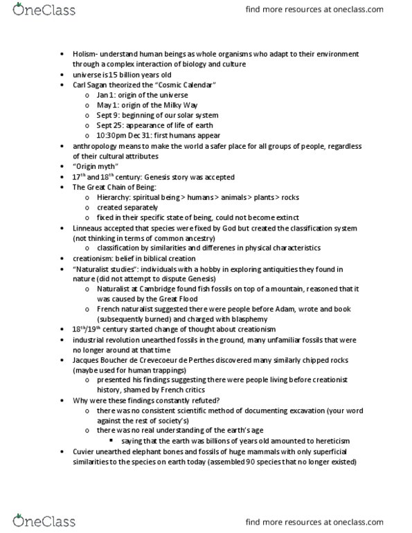 ANTHRCUL 101 Lecture Notes - Lecture 6: Carl Linnaeus, Industrial Revolution, Cosmic Calendar thumbnail