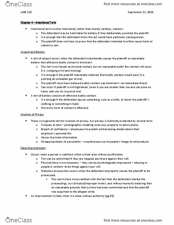 LAW 122 Chapter Notes - Chapter 4: Malicious Prosecution, False Imprisonment, Contributory Negligence thumbnail