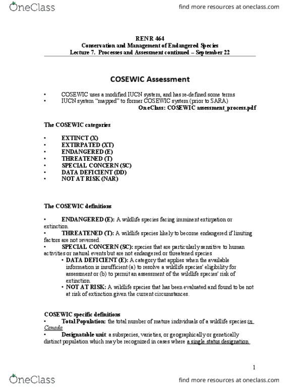 REN R464 Lecture Notes - Lecture 7: Committee On The Status Of Endangered Wildlife In Canada, Endangered Species, Critically Endangered thumbnail