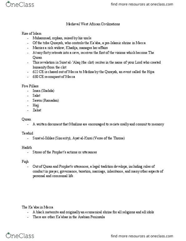 AFST 101 Lecture Notes - Lecture 4: Quraysh, Umayyad Caliphate, Fiqh thumbnail