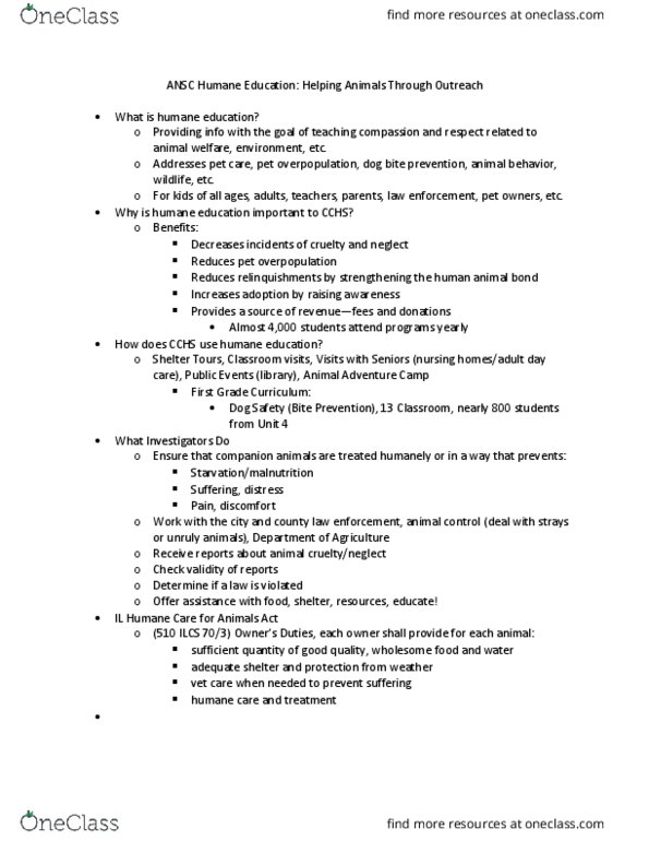 ANSC 250 Lecture Notes - Lecture 10: Overpopulation In Domestic Pets, Humane Education thumbnail