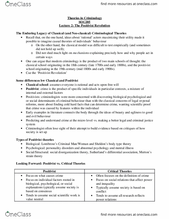 SOC205H5 Lecture Notes - Lecture 2: Cesare Lombroso, Social Disorganization Theory, Social Darwinism thumbnail