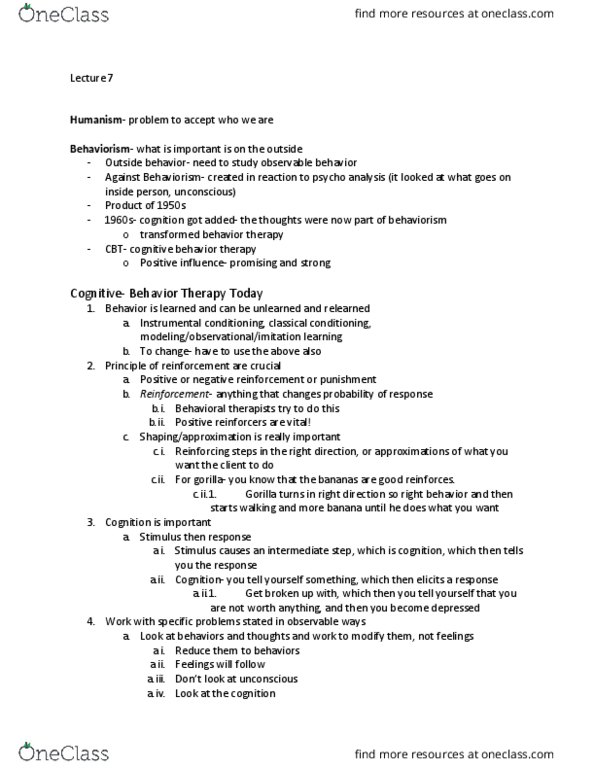 PSYC 353 Lecture Notes - Lecture 7: Cognitive Behavioral Therapy, Reinforcement, Classical Conditioning thumbnail