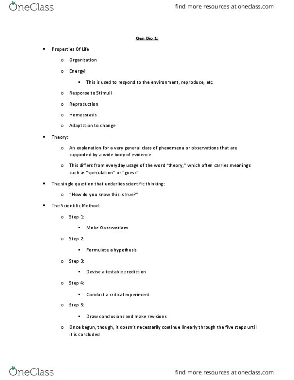 BSC1010C Lecture Notes - Lecture 1: Scientific Method, Homeostasis thumbnail