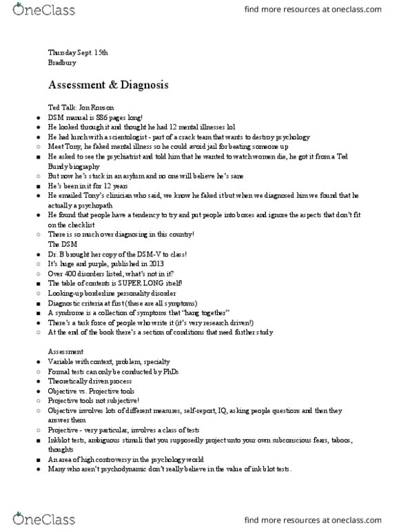 PSY 352 Lecture Notes - Lecture 7: Jon Ronson, Borderline Personality Disorder, Nomothetic thumbnail