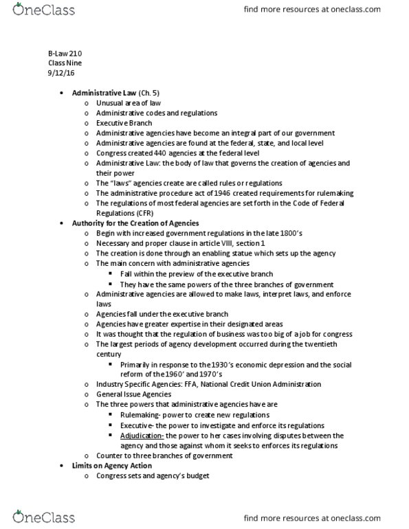 B_LAW 210 Lecture Notes - Lecture 9: National Credit Union Administration, Rulemaking, Consolidated Laws Of New York thumbnail