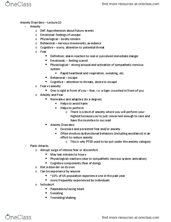 PSY 2710 Lecture Notes - Lecture 10: Social Anxiety Disorder, Sympathetic Nervous System, Specific Phobia thumbnail